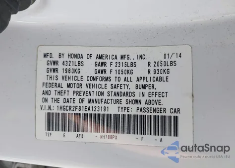 2014 Honda Accord Ex-L из США, поврежденный, VIN 1HGCR2F81EA123191